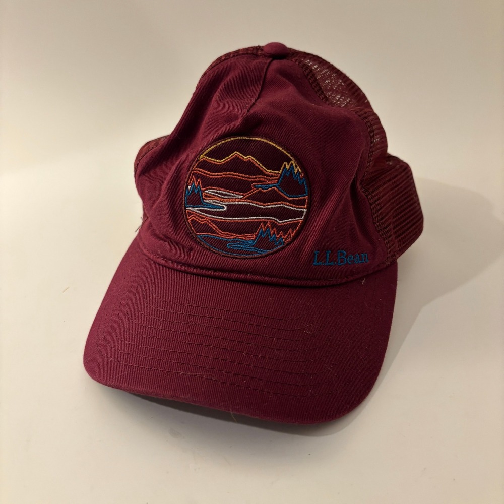 LL Bean Trucker Hat Mens OSFA Burgundy Mountain Landscape Patch Mesh Snapback